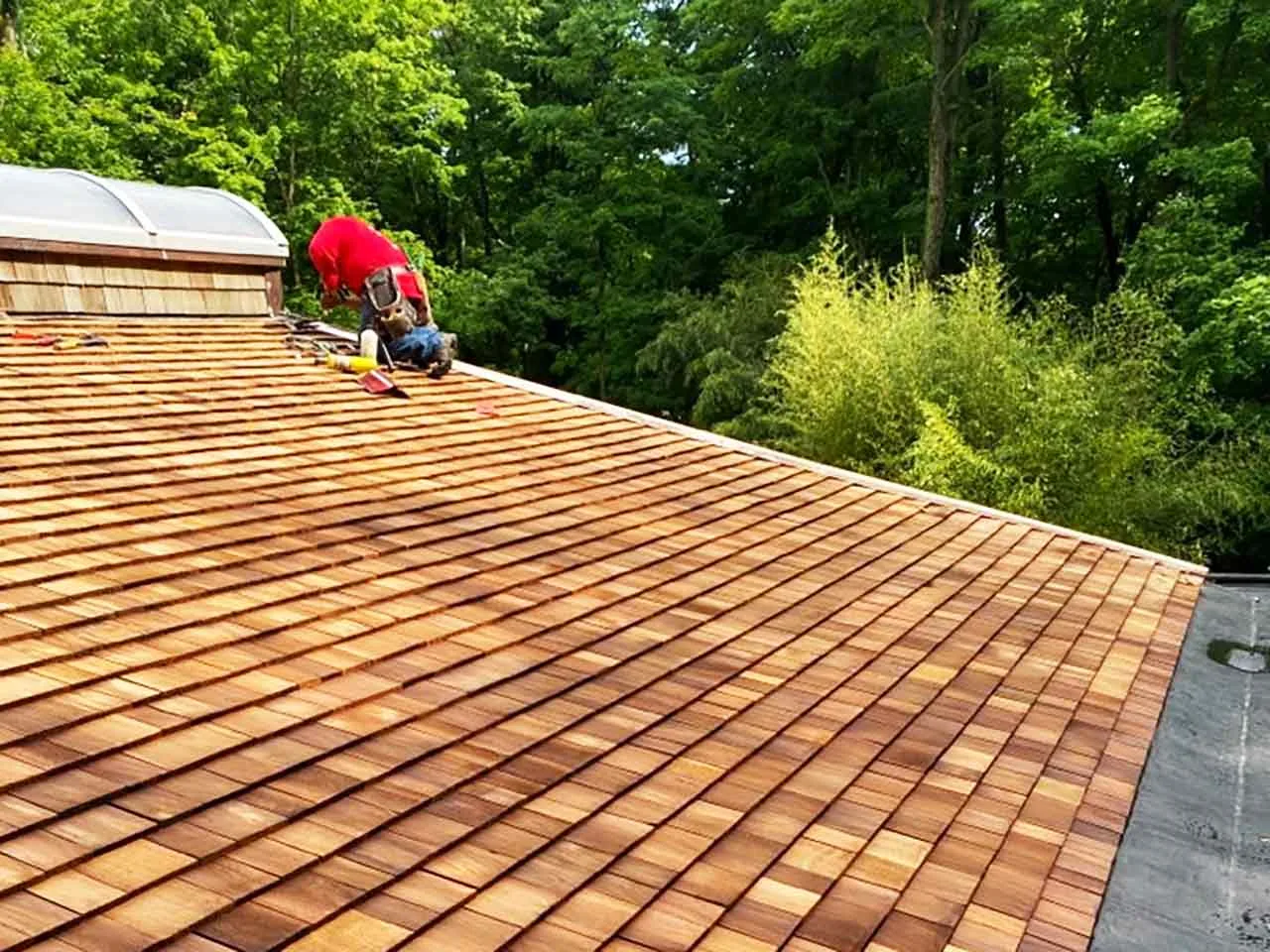 Roofer nailing courses of cedar shingles beside a skylight, cedar shake roofing