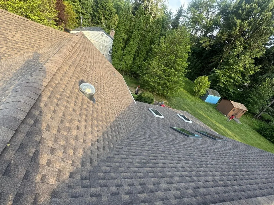 Close view of new Barkwood asphalt shingles around two skylights and a sun tunnel, roof replacement