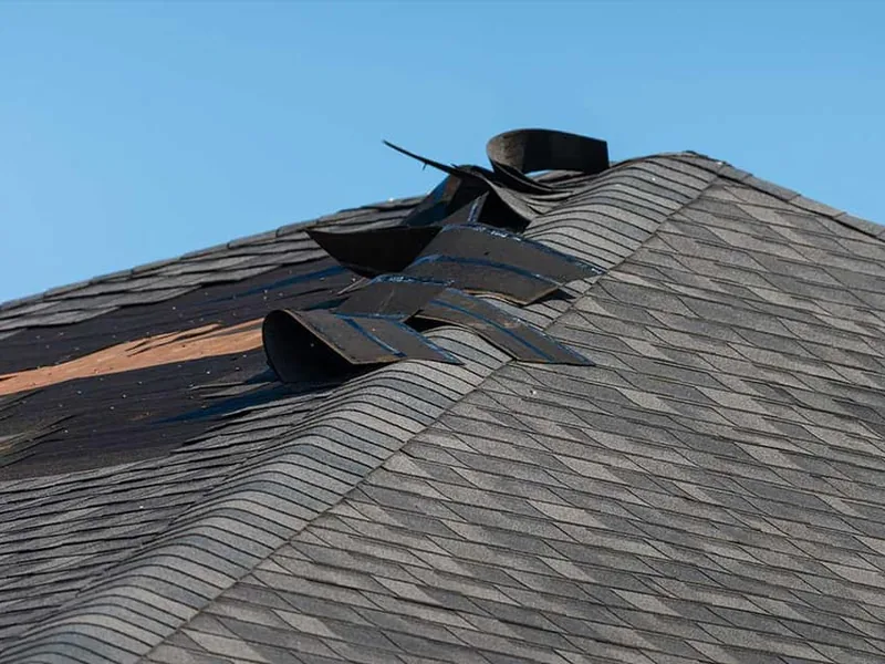 Wind damaged asphalt shingles torn loose along a roof ridge, roof repair