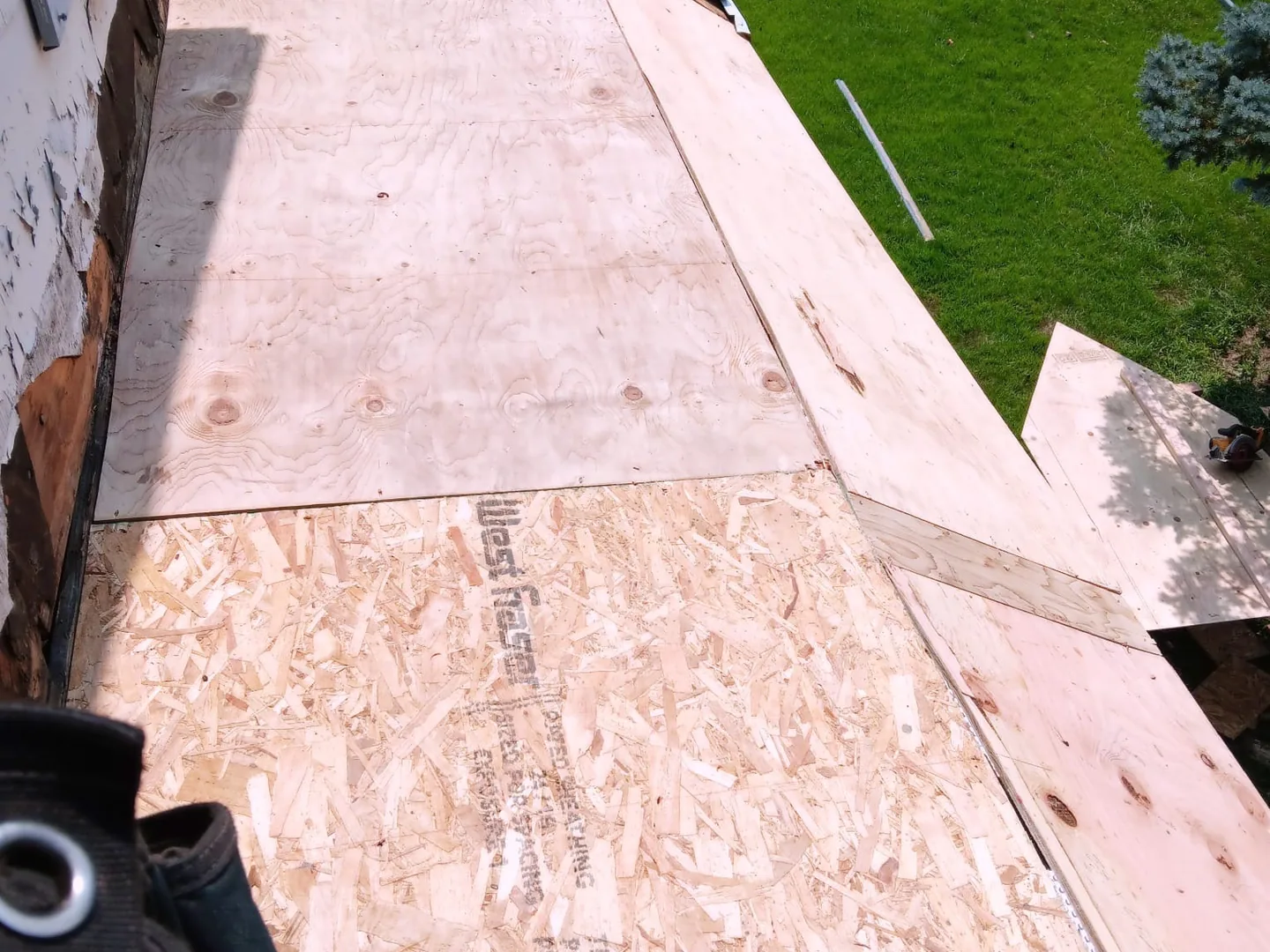 New plywood roof deck sheets installed during a roof replacement